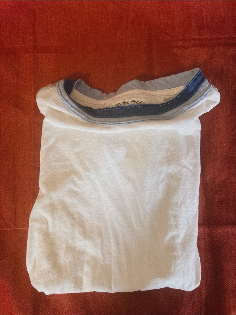 We The Free White Tee with Blue Trim - Ruched Sides. Size M
